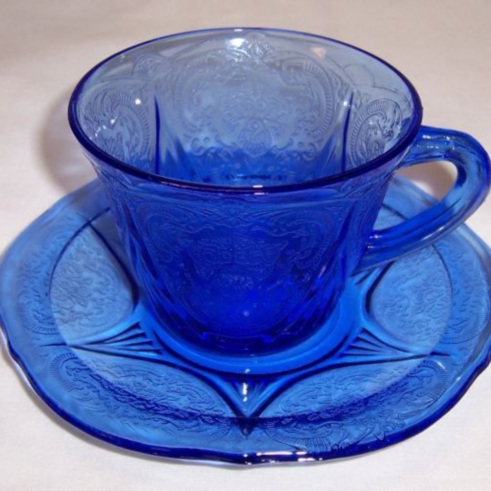 Hazel Atlas Depression Glass Cobalt Blue Royal Lace Cup and Saucer